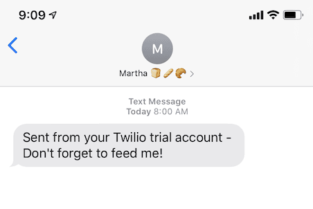 screenshot of text message from Martha saying "Don't forget to feed me!"